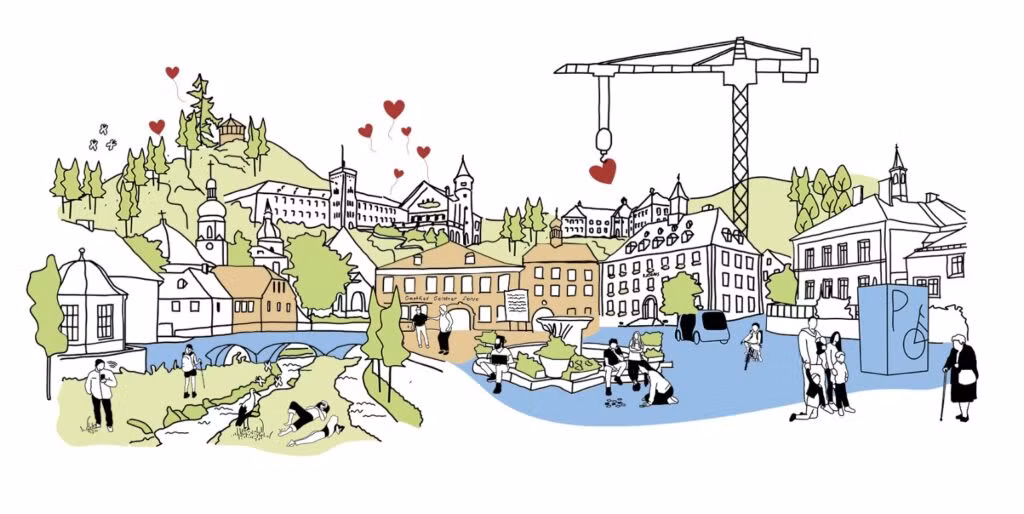 Digitaler Marktplatz als Collage aus prägnanten Bauwerken der Kommunen des Nördlichen Fichtelgebirges